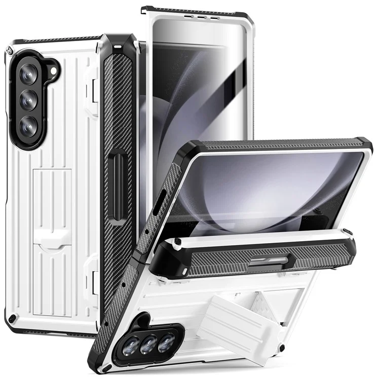 Для Samsung Galaxy Z Fold5 5G Pen Holder Hinge Protection Folding Case PC+TPU Kickstand Phone Cover with PET Screen Protector - White