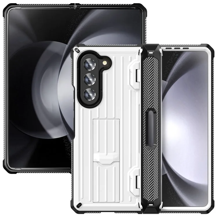 Для Samsung Galaxy Z Fold5 5G Pen Holder Hinge Protection Folding Case PC+TPU Kickstand Phone Cover with PET Screen Protector - White