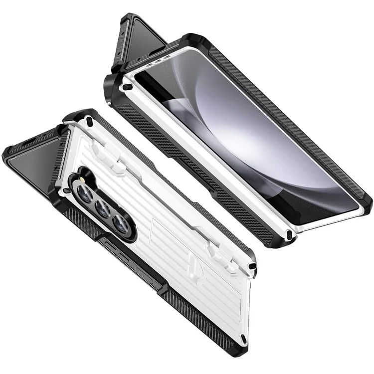 Для Samsung Galaxy Z Fold5 5G Pen Holder Hinge Protection Folding Case PC+TPU Kickstand Phone Cover with PET Screen Protector - White
