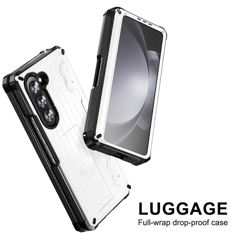 Для Samsung Galaxy Z Fold5 5G Pen Holder Hinge Protection Folding Case PC+TPU Kickstand Phone Cover with PET Screen Protector - White