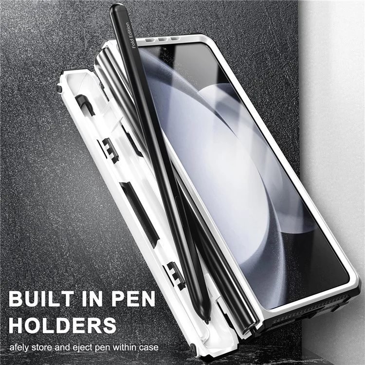 Для Samsung Galaxy Z Fold5 5G Pen Holder Hinge Protection Folding Case PC+TPU Kickstand Phone Cover with PET Screen Protector - White