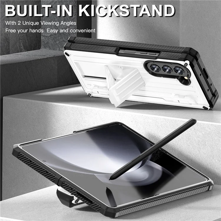 Для Samsung Galaxy Z Fold5 5G Pen Holder Hinge Protection Folding Case PC+TPU Kickstand Phone Cover with PET Screen Protector - White
