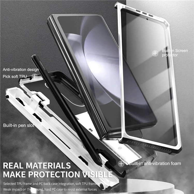 Для Samsung Galaxy Z Fold5 5G Pen Holder Hinge Protection Folding Case PC+TPU Kickstand Phone Cover with PET Screen Protector - White