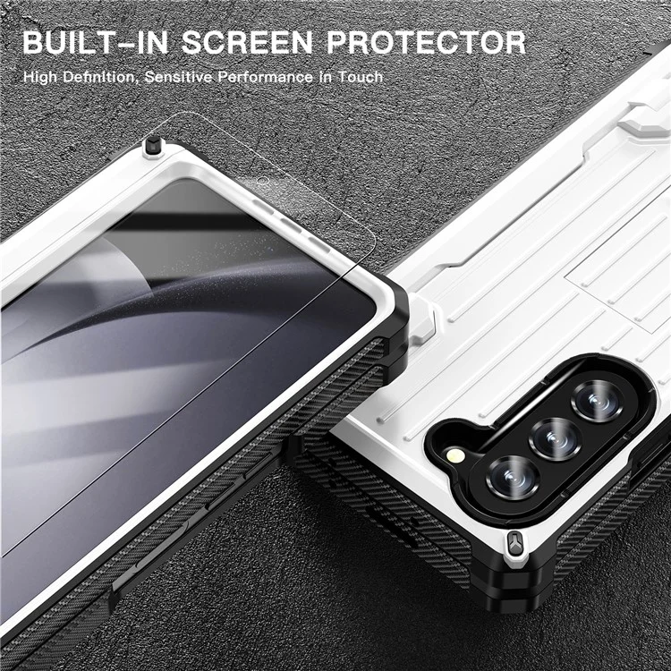 Для Samsung Galaxy Z Fold5 5G Pen Holder Hinge Protection Folding Case PC+TPU Kickstand Phone Cover with PET Screen Protector - White