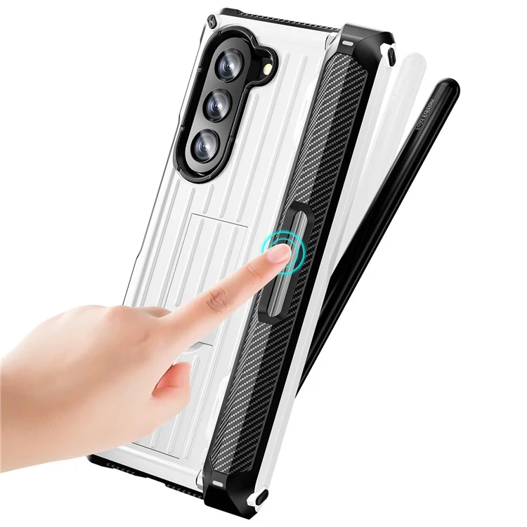 Для Samsung Galaxy Z Fold5 5G Pen Holder Hinge Protection Folding Case PC+TPU Kickstand Phone Cover with PET Screen Protector - White