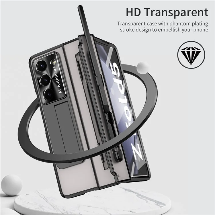 Pour Samsung Galaxy Z Fold5 5G Kickstand Phone Case PC Folding Cover avec Tempered Glass Film+Stylus Pen - Noir