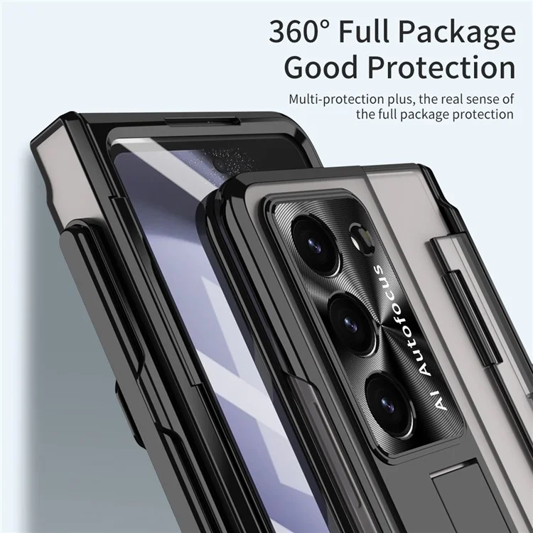 Pour Samsung Galaxy Z Fold5 5G Kickstand Phone Case PC Folding Cover avec Tempered Glass Film+Stylus Pen - Noir