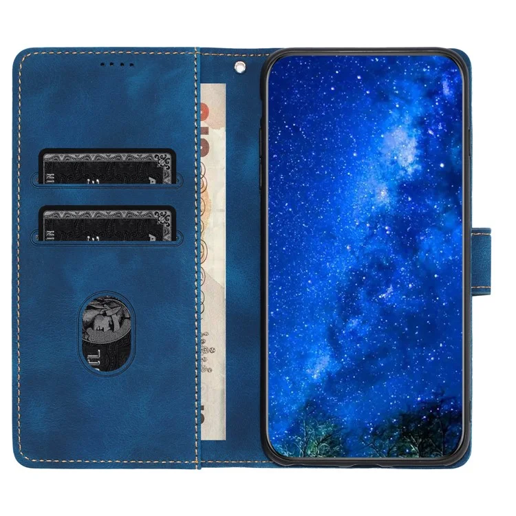 L002 For iPhone 12 / 12 Pro 6.1 inch Retro Lines Imprinted Phone Cover Leather Stand Wallet Case - Blue