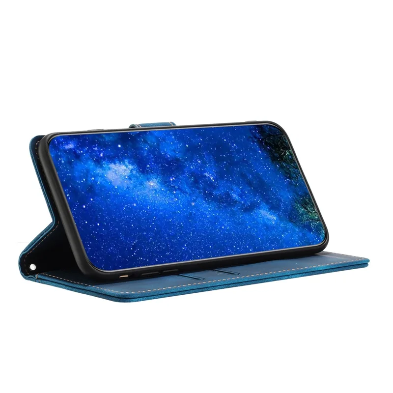 L002 For iPhone 13 Pro Max 6.7 inch Leather Wallet Stand Phone Case Shockproof Lines Imprinted Cover - Blue