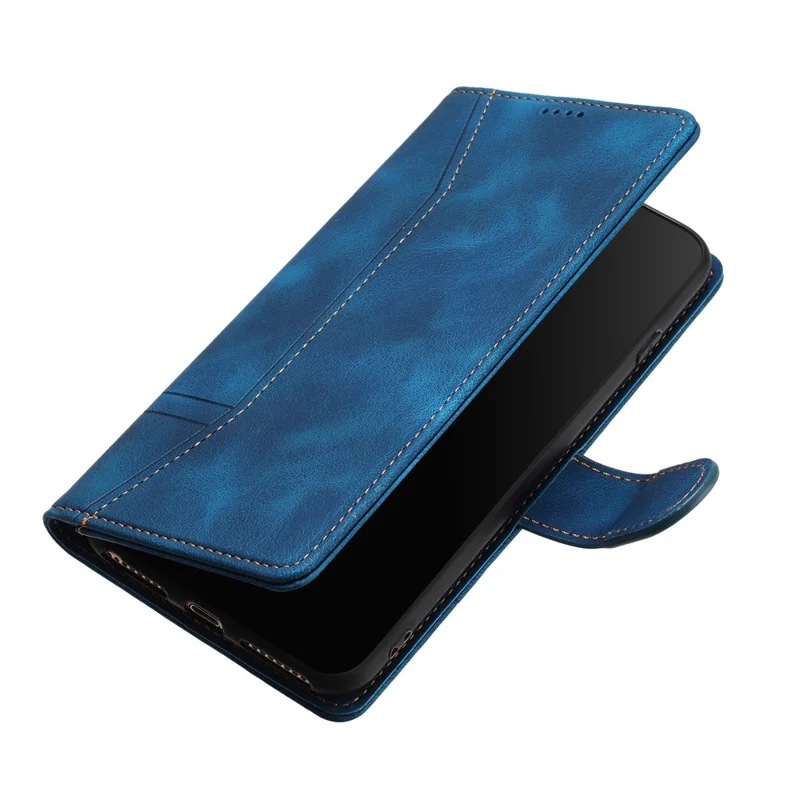 L002 For iPhone 13 Pro Max 6.7 inch Leather Wallet Stand Phone Case Shockproof Lines Imprinted Cover - Blue