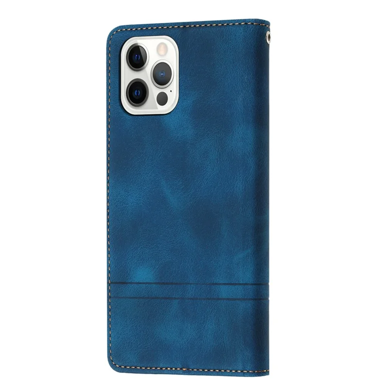 L002 For iPhone 13 Pro Max 6.7 inch Leather Wallet Stand Phone Case Shockproof Lines Imprinted Cover - Blue