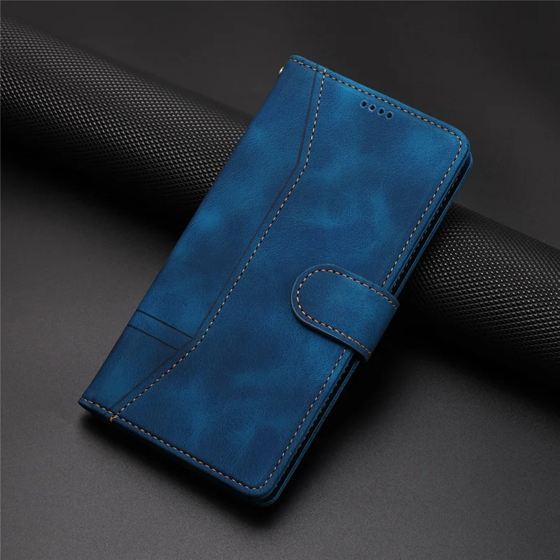 L002 For iPhone 13 Pro Max 6.7 inch Leather Wallet Stand Phone Case Shockproof Lines Imprinted Cover - Blue