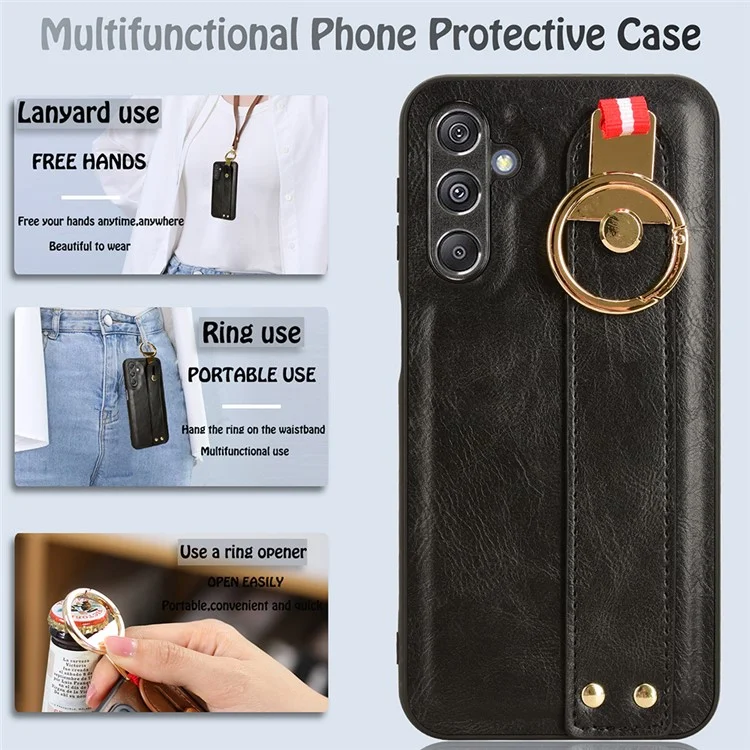 Für Samsung Galaxy M34 5G / F34 5G Handyhülle Armband Ständer Flaschenöffner Leder+PC+TPU Hülle - Schwarz