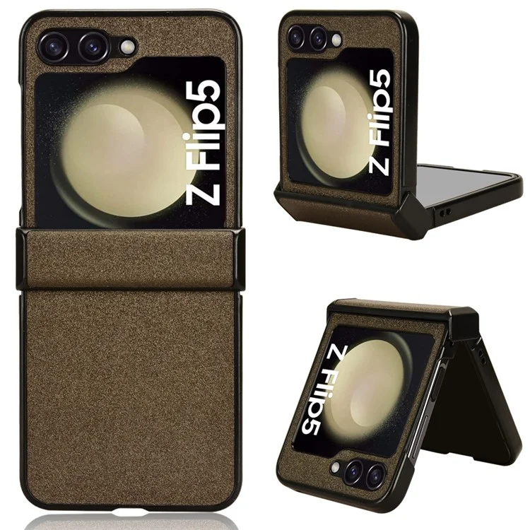 Для Samsung Galaxy Z Flip5 5G PU Leather Coated PC Phone Case Hinge Protection Sand-like Texture Cover - Brown