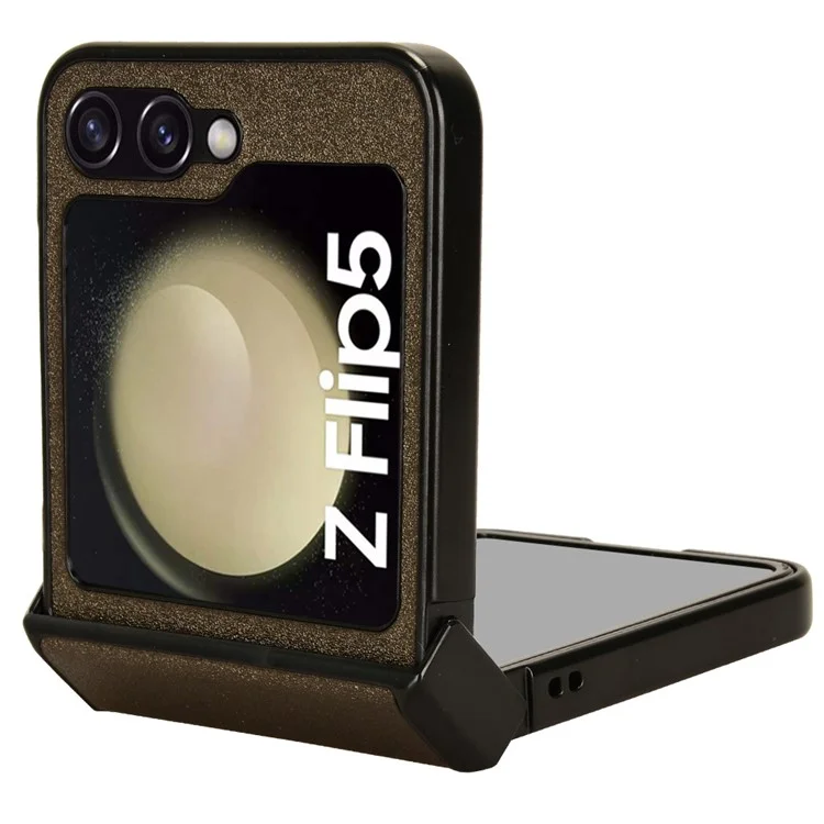 Для Samsung Galaxy Z Flip5 5G PU Leather Coated PC Phone Case Hinge Protection Sand-like Texture Cover - Brown