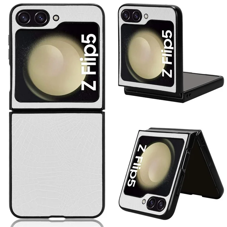 Pour Samsung Galaxy Z Flip5 5G Anti-Scratch Crocodile Texture Phone Case PU Leather+PC Cell Phone Cover - Blanc