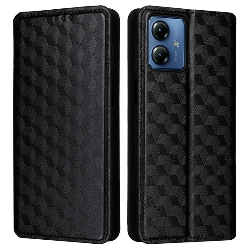 Pour Motorola Moto G14 4G Rhombus Imprinted Wallet Phone Case Anti-drop PU Leather Stand Cover - Noir