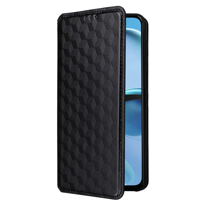 Pour Motorola Moto G14 4G Rhombus Imprinted Wallet Phone Case Anti-drop PU Leather Stand Cover - Noir