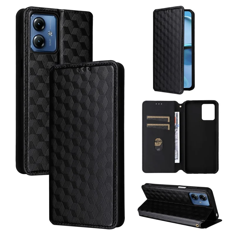 Pour Motorola Moto G14 4G Rhombus Imprinted Wallet Phone Case Anti-drop PU Leather Stand Cover - Noir