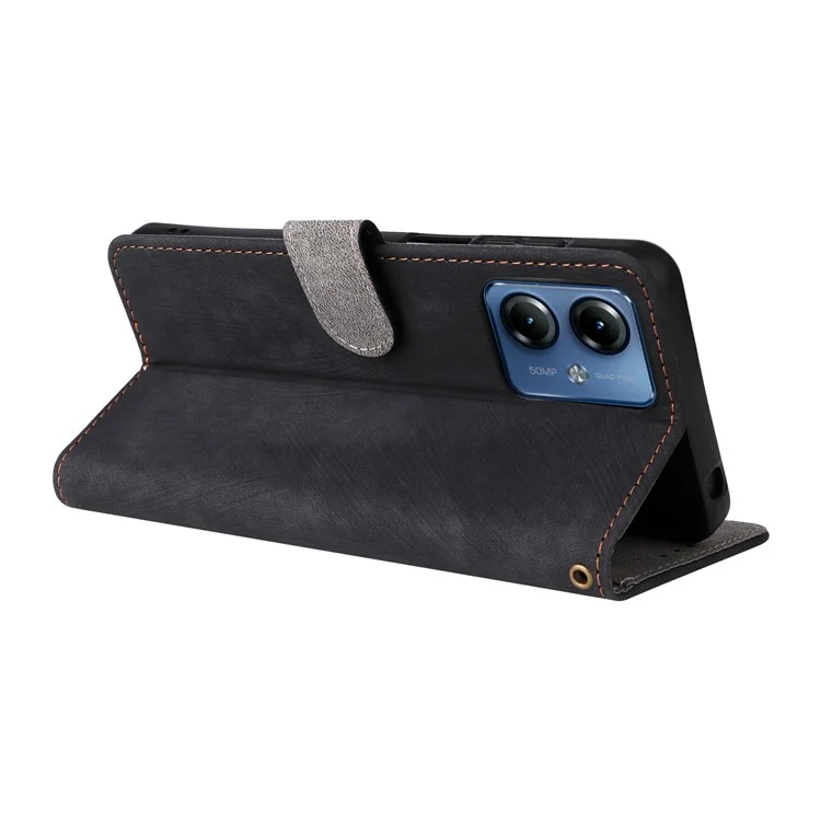 Para Motorola Moto G14 4G Anti-Scratch Cell Phone Case Leather Stand Cover RFID Blocking Wallet Shell with Strap - Black