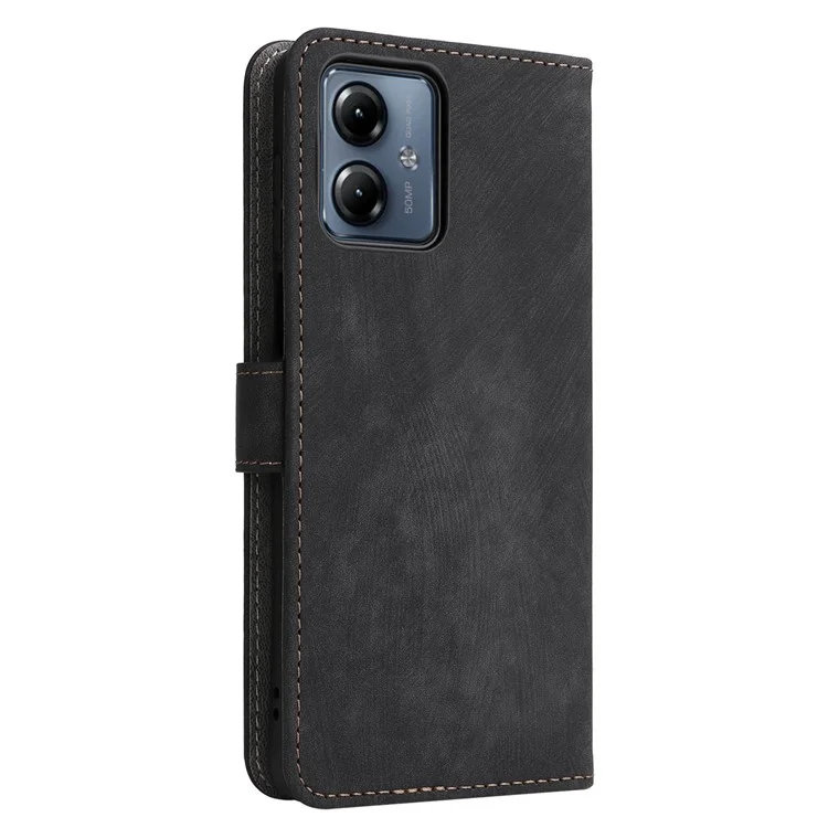 Para Motorola Moto G14 4G Anti-Scratch Cell Phone Case Leather Stand Cover RFID Blocking Wallet Shell with Strap - Black