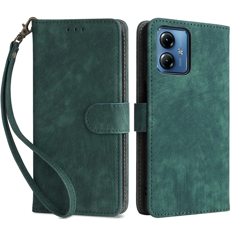 For Motorola Moto G14 4G Anti-Scratch Cell Phone Case Leather Stand Cover RFID Blocking Wallet Shell with Strap - Green