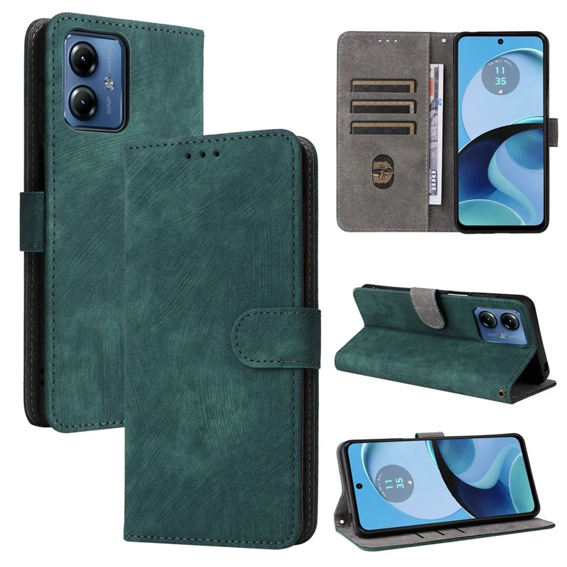 For Motorola Moto G14 4G Anti-Scratch Cell Phone Case Leather Stand Cover RFID Blocking Wallet Shell with Strap - Green