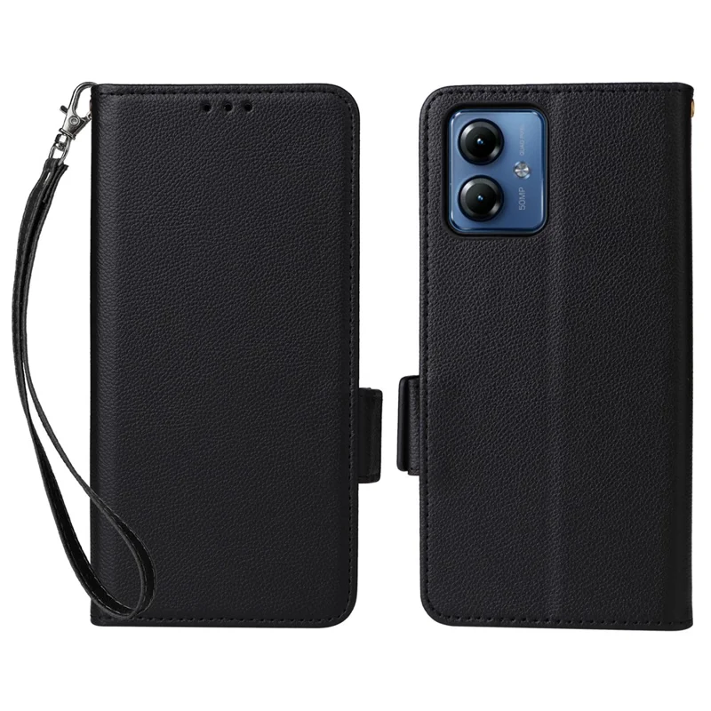 Per Motorola Moto G14 4G Anti-Scratch Phone Case Custodia in pelle Litchi Texture Stand con Tracolla - Nero