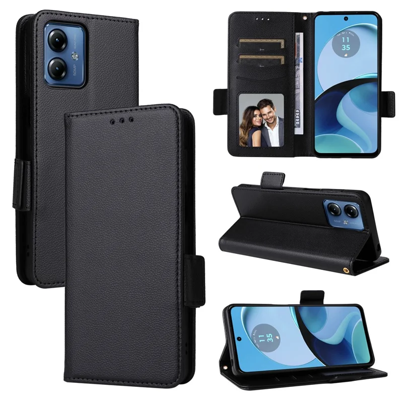 Per Motorola Moto G14 4G Anti-Scratch Phone Case Custodia in pelle Litchi Texture Stand con Tracolla - Nero
