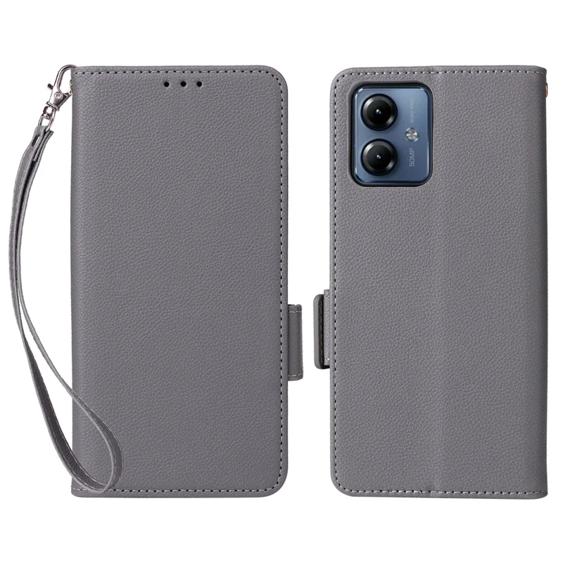 For Motorola Moto G14 4G Anti-Scratch Phone Case Leather Litchi Texture Wallet Stand Cover with Strap - Grey