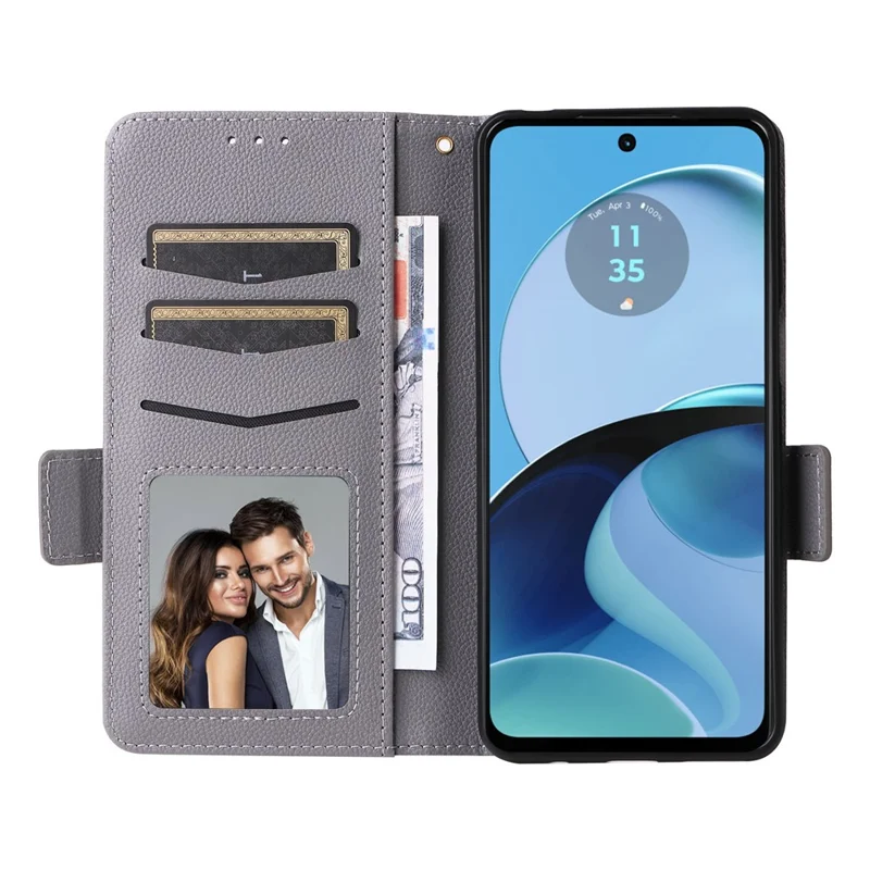 For Motorola Moto G14 4G Anti-Scratch Phone Case Leather Litchi Texture Wallet Stand Cover with Strap - Grey
