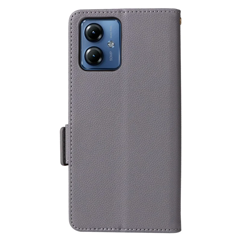 For Motorola Moto G14 4G Anti-Scratch Phone Case Leather Litchi Texture Wallet Stand Cover with Strap - Grey