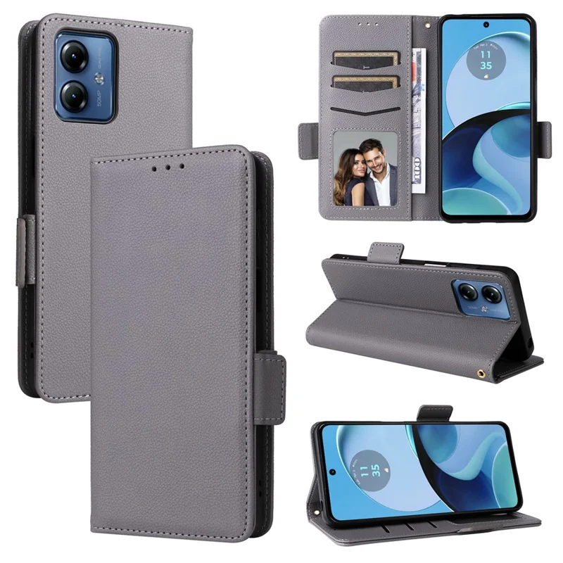 For Motorola Moto G14 4G Anti-Scratch Phone Case Leather Litchi Texture Wallet Stand Cover with Strap - Grey
