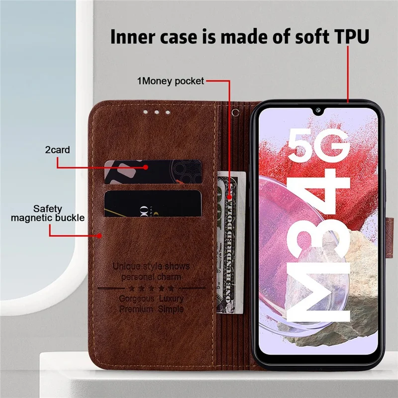 For Samsung Galaxy A34 5G Full Protection Solid Color PU Leather Wallet Case Cell Phone Stand Cover - Brown