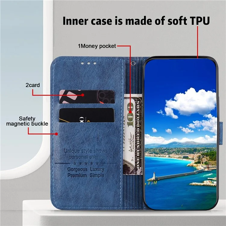 Para Samsung Galaxy A14 5G / A14 4G Solid Color PU Leather Stand Wallet Case Cell Phone Flip Cover - Dark Blue
