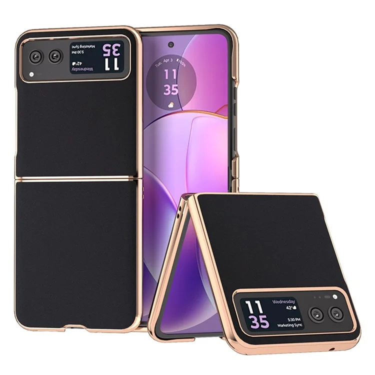 For Motorola Razr 40 5G Silky Shockproof Cover Genuine Cow Leather + PC Electroplating Phone Case - Black