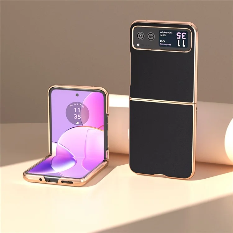 For Motorola Razr 40 5G Silky Shockproof Cover Genuine Cow Leather + PC Electroplating Phone Case - Black