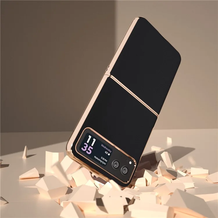 For Motorola Razr 40 5G Silky Shockproof Cover Genuine Cow Leather + PC Electroplating Phone Case - Black