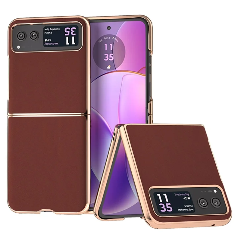 For Motorola Razr 40 5G Silky Shockproof Cover Genuine Cow Leather + PC Electroplating Phone Case - Coffee