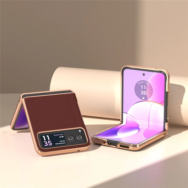 For Motorola Razr 40 5G Silky Shockproof Cover Genuine Cow Leather + PC Electroplating Phone Case - Coffee