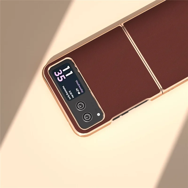 For Motorola Razr 40 5G Silky Shockproof Cover Genuine Cow Leather + PC Electroplating Phone Case - Coffee