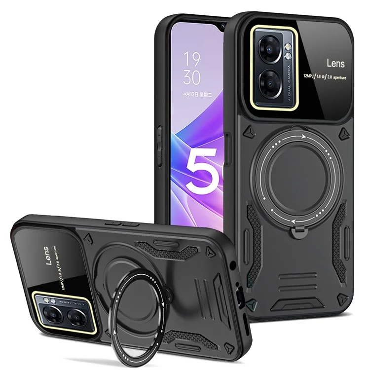 PC+TPU Case for Oppo A77 5G / A57 5G / A77s 4G Airbag Dop-proof Ring Kickstand Phone Cover Compatible with MagSafe - Black