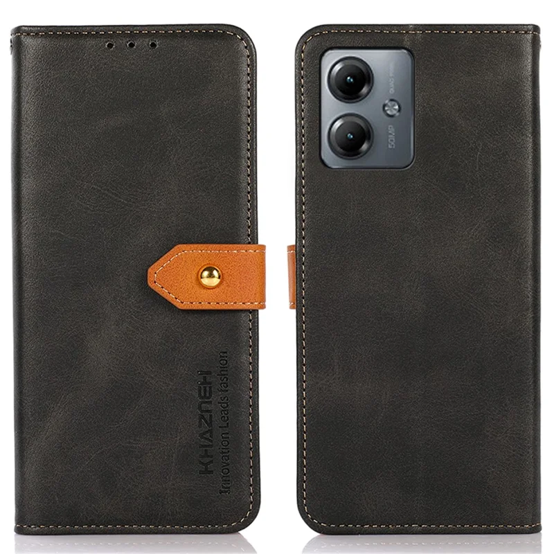 KHAZNEH For Motorola Moto G14 4G Drop-proof Case Cowhide Texture Stand Wallet PU Leather Phone Cover - Black