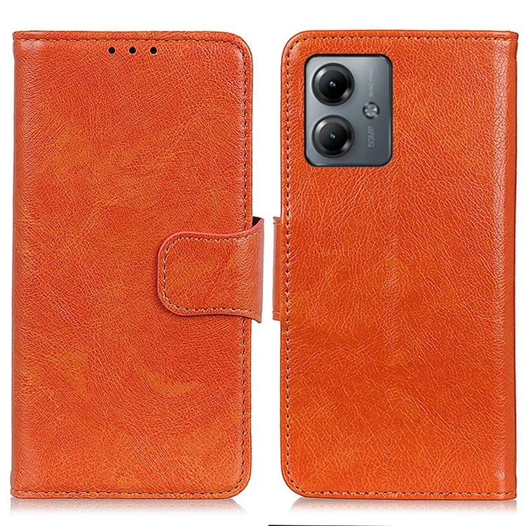 For Motorola Moto G14 4G Drop Protection Stand Wallet Phone Cover Nappa Texture Split Leather Phone Case - Orange