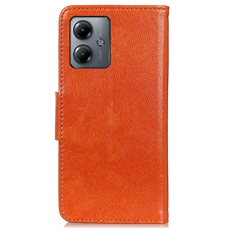 For Motorola Moto G14 4G Drop Protection Stand Wallet Phone Cover Nappa Texture Split Leather Phone Case - Orange