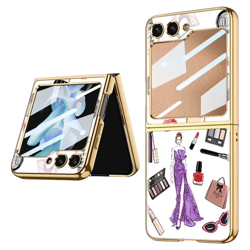 GKK Pattern Printing Phone Case per Samsung Galaxy Z Flip5 5G Hard PC Phone Cover Built-In Tempered Glass Film - Modern Girl / Bianco