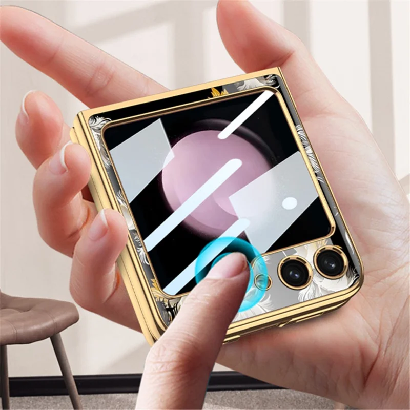 GKK Pattern Printing Phone Case per Samsung Galaxy Z Flip5 5G Hard PC Phone Cover Built-In Tempered Glass Film - Modern Girl / Bianco