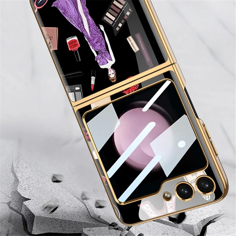 GKK Pattern Printing Phone Case per Samsung Galaxy Z Flip5 5G Hard PC Phone Cover Built-In Tempered Glass Film - Modern Girl / Bianco