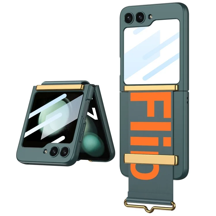 GKK For Samsung Galaxy Z Flip5 5G PC Ultra-Thin Case Wrist Band Kickstand Phone Cover with Tempered Glass Small Screen Film - Green