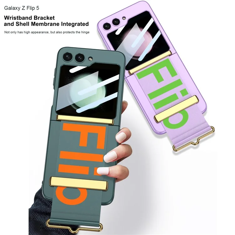 GKK For Samsung Galaxy Z Flip5 5G PC Ultra-Thin Case Wrist Band Kickstand Phone Cover with Tempered Glass Small Screen Film - Green